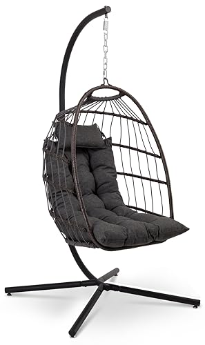 SereneLife Hängesessel mit Gestell Outdoor 250 kg – Wetterfest mit Kissen faltbar für Garten Balkon Indoor Relaxsessel Grau
