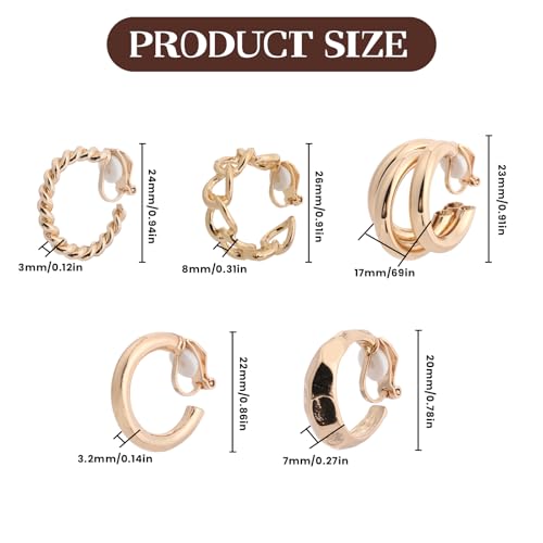 5 pares de aretes tipo argolla dorados clip on para mujer miniatura 2