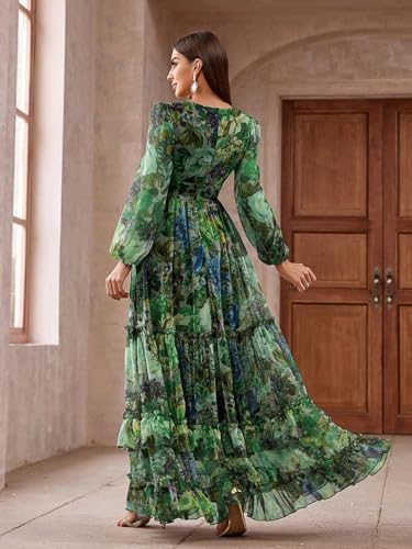 Image of TOLEEN Summer Casual Dresses for Women 2024 Spring Fashion Boho V Neck Long Sleeve Ruffle Floral Print Elegant Maxi Dress