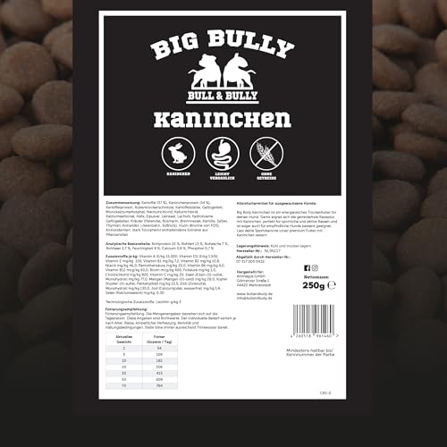 BULL & BULLY – Big Bully Kaninchen 250 g Hundefutter Trocken Getreidefrei – Energiereiches Trockenfutter & Hundeleckerli für Starke, aktive Hunde – Dog Food & Leckerlies für Hunde mit viel Protein