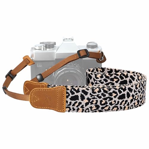 Padwa Lifestyle Camera Strap - 1.5 Crazy Horse Cowhide Head Cotton Strap,Vintage Embroidery Camera Straps for Photographers and All Cameras,Cute Adjustable Shoulder Neck Strap for Adults & Kids