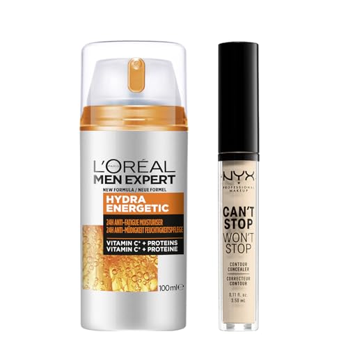 Bundle of NYX Professional Makeup Can't Stop Won't Stop Contour Concealer, 3,5 ml, Light Ivory 04 + L'Oréal Men Expert XXL Gesichtspflege gegen müde Haut für Männer, Hydra Energy, 1 x 100 ml