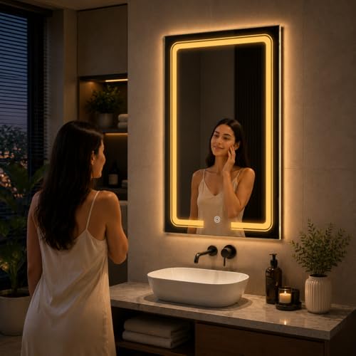 Image of LED Smart Bathroom Mirror with Touch Sensor | 3-in-1 Light Modes - Warm White | Cool White & Natural Light | Office and Home Use (Portrait, 18x24)