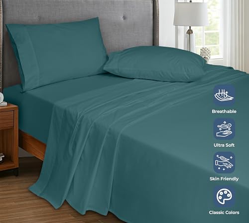 Image of Royale Linens 100% Organic Cotton Full Flat Sheet Only - Super Soft - Percale Top Sheets - Full Flat Sheet Sold Separately - Breathable, Cool & Crisp Sheets Only (81 inch x 96 inch, Teal)