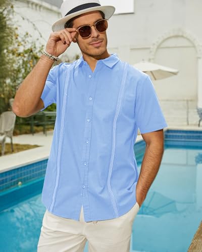 Image of JEKAOYI Mens Casual Linen Cotton Button Down Short Sleeve Shirts Cuban Camp Guayabera Beach Tops