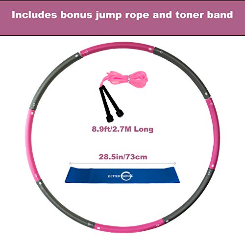 Better Sense Hoola Hoop for Adults - 8 Section Detachable Hoola Hoops, 2lb Weighted Hoola Hoop for Exercise - Portable Smooth & Soft Padding Weighted Hula Hoop with Jump Rope & Resistance Band