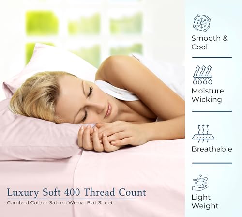 Image of Royale Linen 400 Thread Count 100% Cotton Flat Sheets Only - Cooling Sheets - Twin Flat Sheets Only Sold Separately - Luxury Sateen Weave - Breathable & Super Soft Top Sheet Only (Twin, Kyoto Blush)