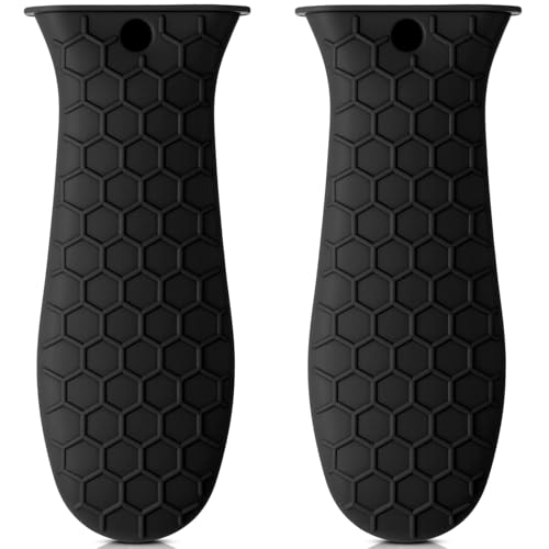 Patelai 2pcs Silicone Hot Handle Holder Kitchen Cast Iron Skillets Non-Slip Pot Holder Sleeve for Heat Resistant Fry Pan Griddles Metal and Aluminum Cookware(Black)