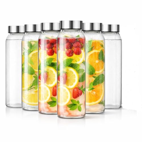 Image of Vasukie Glass Water Bottles, Glass Fridge Water Bottle with Steel Cap, Wide mouth Leak proof & detox water bottle glass, water bottle for fridge, fridge bottle set of 6-750 ML (6 BOTTLE)
