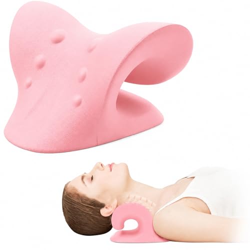 Travesseiro Cervical Alongador de Pescoço com Massagem para Casa Dispositivo de Tração para Alívio de Dores Espuma de Memória Melhora a Postura no Dia a Dia(Rosa)