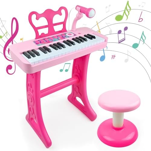 Love&Mini Kids Keyboard Toys for Girls - 37 Keys Pink Pianos Toy with Stool