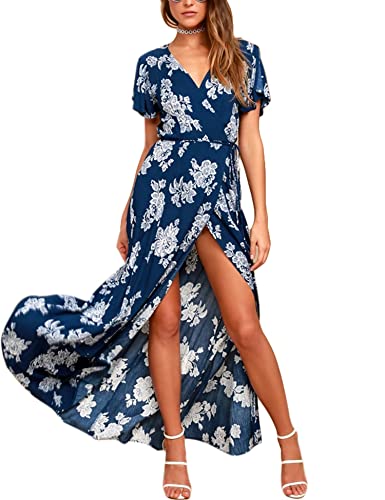 Vidussa Women Summer Maxi Dress Bohemian Floral Casual Wrap V Neck Split Short Sleeve Long Dresses Blue Xxl #TOP25