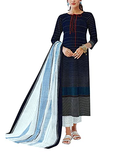 ladyline Womens Casual Printed Salwar Kameez with Mal Cotton Dupatta Ready to Wear Indian Dress (Size-44/ Navy Blue)