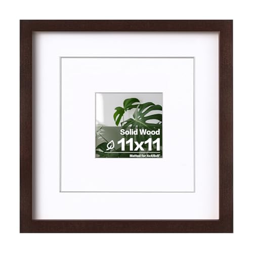 Egofine 11x11 Picture Frame Covered by Plexiglass, Display Pictures 4x4/8x8 with Mat or 11x11 Without Mat Made of Solid Wood for Table Top Display and Wall Mounting Photo Frame, Walnut Color