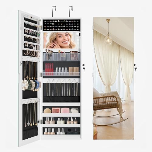 PEALSN Full Length Mirror Jewelry Organizers and Storage Cabinet, Wall or Door Mounted, Necklace Ring Earring, and Makeup Storage Lockable Gift Armoire, White.