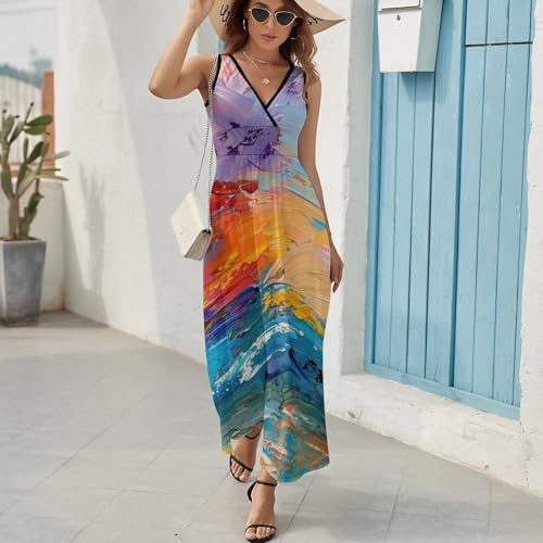 Robe d'été sans manches col V imprimé abstrait grande taille chic