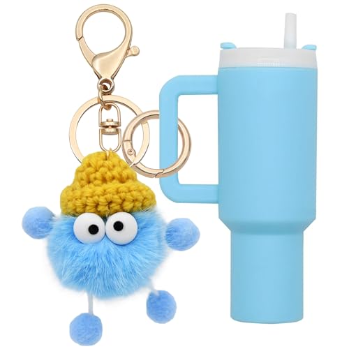 TOS Mini Tumbler Keychain Cute Stanley Cup Charms For Handbag Backpack Soft Artificial Fur Ball Pendant Keychain For Women (Blue)