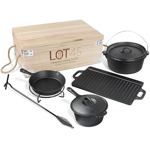 Lot45 Pre-Seasoned Dutch Oven Camping Cooking Set Cookware - Cast Iron Griddle, 4qt Dutch Oven, Griddle Pan, Frying Pan, Pre-Seasoned Cast Iron Camping Cooking Set with Storage Cover