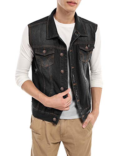 COOFANDY Men's Casual Slim Fit Denim Vest Sleeveless Button Down Lapel Jeans Vests Ripped Vintage Jean Jacket Vest Black
