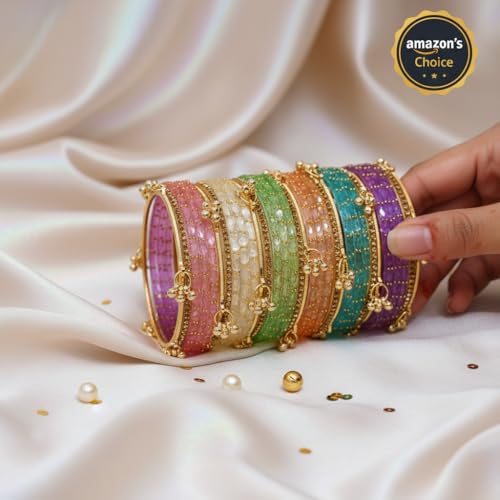 Image of Kashmiri Ghangharoo Glass Bangle Set for Women| Light Weight Bangles | Traditional Transparent Fancy Glass Chudi Set for Wedding, Party.