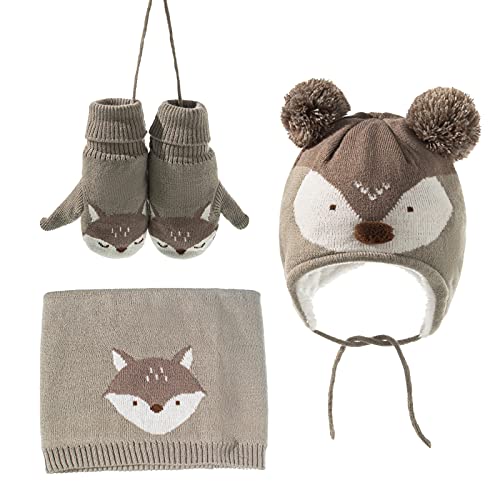 iFCOW 3-teiliges Wintermützen-Set, Fuchs, Winter, Strickmütze, Schal, Handschuhe, Ohrenschutzkappe, grau, 3 Jahre Cover