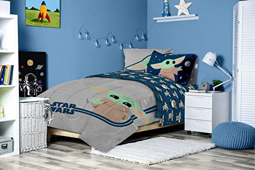 Image of Star Wars Mandalorian Grogu Full Comforter Set 7 Piece Kids Bedding, Gray | Baby Yoda, Bed in a Bag, Comforter Sheets Shams Pillowcases, Official Brand, Soft Microfiber, Machine Washable, Kids Gift