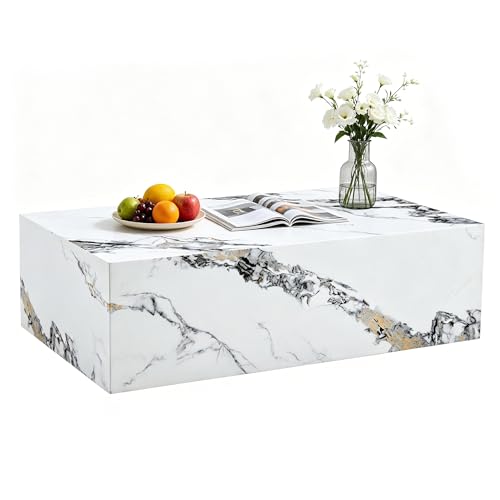 39.4' White Coffee Table, Faux Marble Low Profile Coffee Tables for Living Room, No Assembly Required, Modern Rectangle Block Cocktail Center Coffee Tea Tables for Living Room