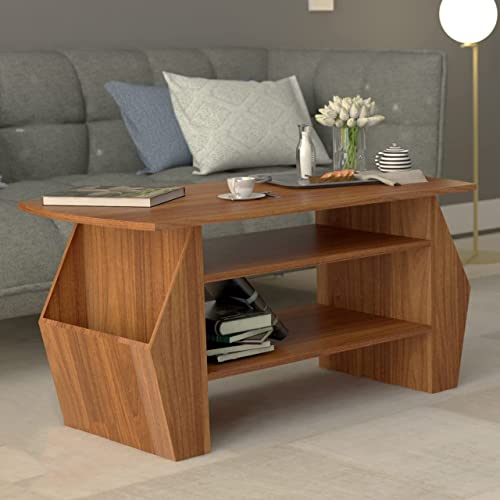 Image of MAMTA DECORATION Engineered Wood Coffee Table with Shelf and Pocket Storage Multipurpose Sofa Table Wooden Centre Table for Bedroom Living Room Home (Teak Finish)
