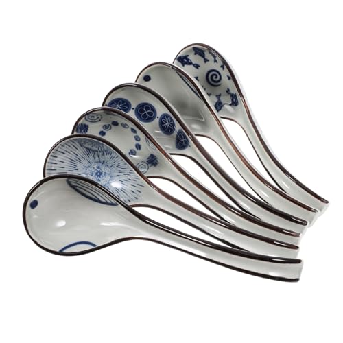 CALLARON 6個 青花陶磁製点アジアンスープスプーン 長柄設計で餃子やスープに 調味料やヨーグルトにも使える多用途テーブルウェア