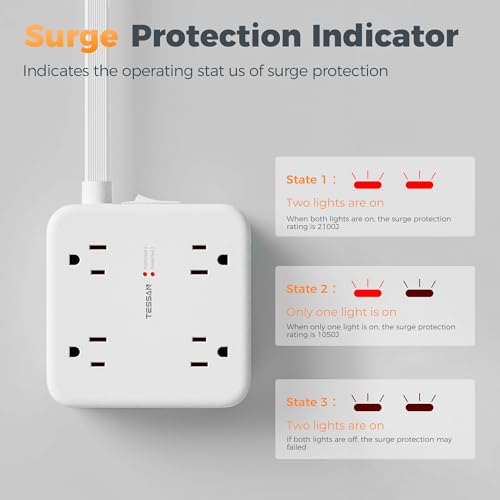 Image of TESSAN Dual Surge Protector Power Strip, 5 Ft Extension Cord Flat Wall Plug