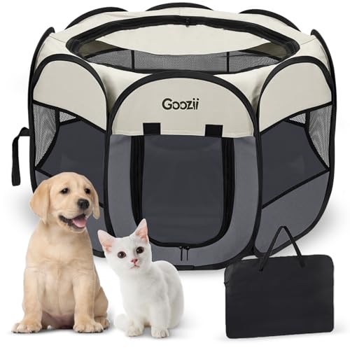 Goozii Pet Cat Playpen for Indoor Cats Enclosed, Puppy Dog Play Pen for Outdoor Travel Camping (Medium Size, Beige & Dark Grey)