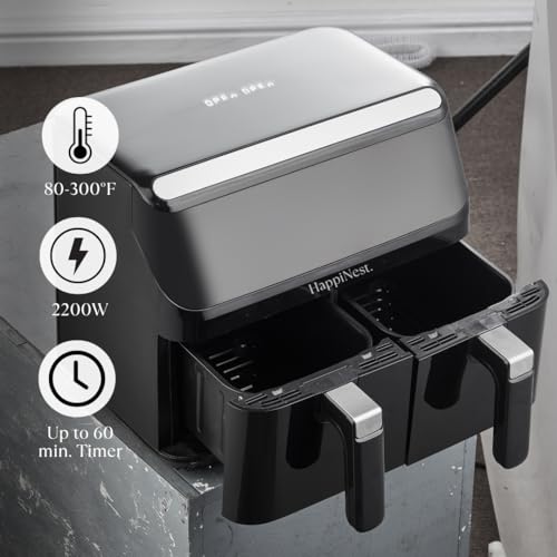 HappiNest 8L Smart Double Air Fryer – Low Wattage, Dual Basket Air Fryer with Touch Screen & Manual Control, Non-Toxic, Black Stainless Steel Portable Multi Cooker for Healthy Cooking - Image 5