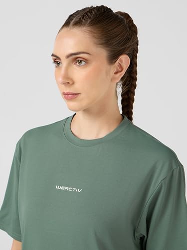 Image of TECHNOSPORT Women's Printed Boxy Fit Round Neck T-Shirt COTFLEX Half Sleeve Slip On Polyester for Gym Yoga Workout UPF50+ Anti Odour