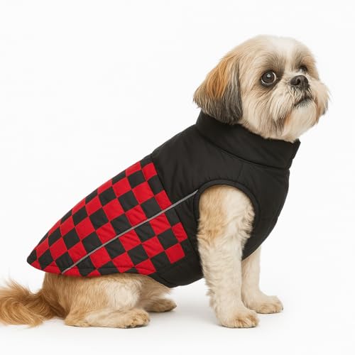 Image of The Pets Company Dog Winter Coat Jacket, Clothes, Windproof, Waterproof, Light Weight, Washable, Ultra Warm Thick Fleece Lined Dog Vest for Cold Weather Protection, (Red Check, Small - 14 Inch)