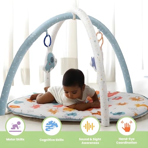 Image of Baby Playgym for Babies | Activity Play Gym Mat with 5 Hanging Toys|Foldable&Durable Cotton Play Mat|Baby Crawling Mats for Floor for 0 to 24 Months (Jungle) - White