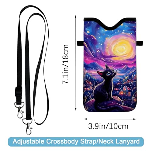 Image of Neoprene Cell Phone Sleeve Pouch Case Bag with Crossbody Strap Neck Lanyard for Women 7.1 X 3.9 in Cat Sky