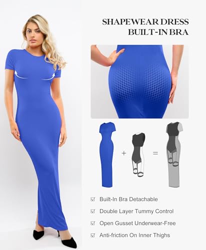 Image of Popilush Shaperwear Dress Built-in Bra Women's Casual Lounge Dress with Zipper Short Sleeve Mock Neck Bodycon Dresses