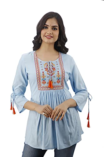 Image of DMP FASHION Women's Rayon Classic Heavy Embroidery Top with Beautifull Tassels at Front and on Both Sleeves