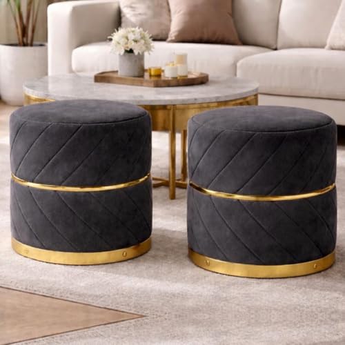 Image of Premium Velvet Puffy Ottoman Stool for Living Room | Round Footrest with Diagonal Channel Stitching & Gold Metal Base | Luxury Pouffe for Bedroom & Dressing Area (Black)