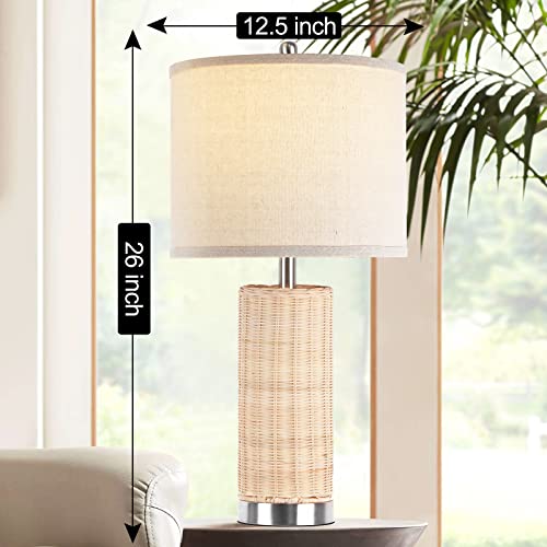 Beige Woven Rattan Table Lamps Set Of 2 Ivory Coastal Rustic Natural Wicker Nightstand Lamps For Bedroom Beach Bedside Lamps With Lampshades For Living Room #TOP4