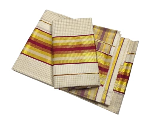 Image of Womens Kuthampully Set Mundu With Golden & Stripes Kara
