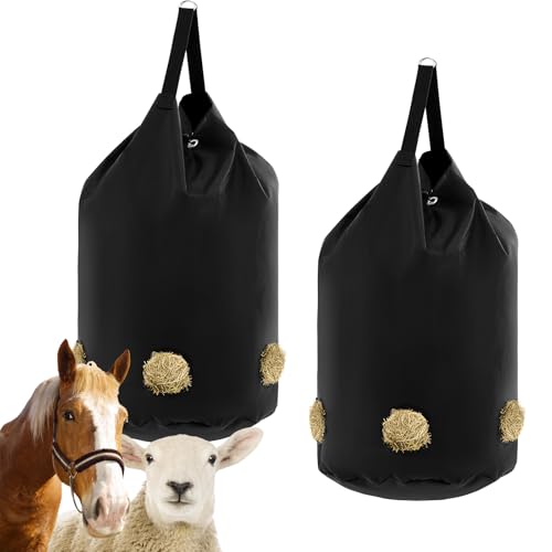 Ribbonlic 2 Pcs hay Bags for Horses Goats Slow Feed 1680D Oxford Bag Black Large Capacity Net Open Feed Hole Hay Holder for Horse Goats Sheep(5 Holes)
