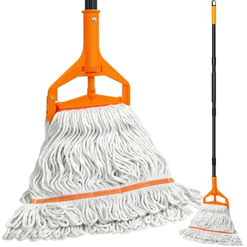 Image of TidyBliss Commercial Mop Heavy Duty, 55 inches Long Handle Large Looped-End Industrial String Floor Cleaner, Professional Dry Wet Cotton Cleaning Tool for Concrete Tile Hardwood Office Garage (Orange)