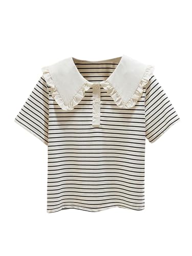 Girl's Button Front Striped Shirt Ruffle Trim Collar Short Sleeve Cute Tee Top