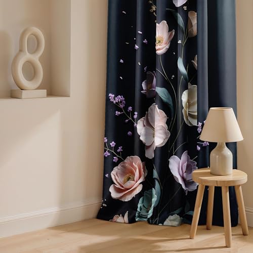 Image of Ultimate Trends Room Darkening Digital Printed 3D Prints Curtain 65-70% Opacity,Diamond Eyelets, Tie Back, Floral Decorated, 6 FEET Pack of 2,Charcoal Blue Blush Pink