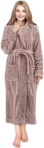 NY Threads Womens Fleece Bathrobe - Shawl Collar Soft Plush Spa Robe (Medium, Taupe)