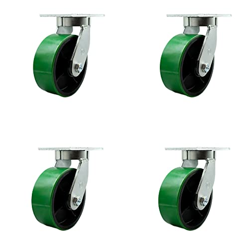 8 Inch Swivel Top Plate Caster Set Extra Heavy Duty Casters with Green Polyurethane on Cast Iron Wheels - Includes 4 Swivel with Bolt on Swivel Locks-Casters Set of 4 Heavy Duty- Service Caster Brand