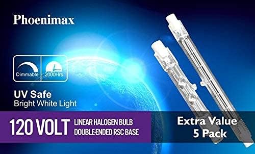 Phoenimax 5PK R7S-118mm-300W T3 Quartz J Type Linear Halogen Bulb Dimmable Double Ended Floodlight Bulb 120V for Work Lights, Security Lights, Landscape Lights, Floor Lamps, 2900K