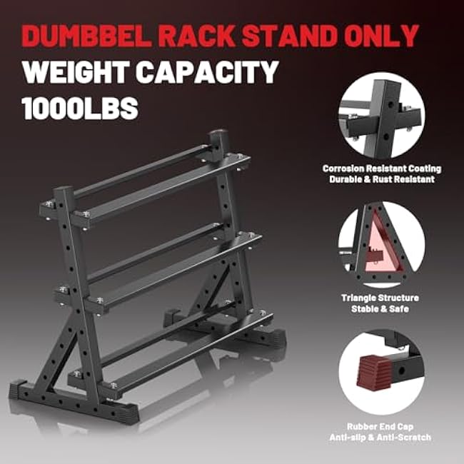 Papababe Dumbbell Rack for Home Gym, 3-Tier Weight Rack 1000lbs Capacity Dumbbell Storage Rack, Heavy Duty Weight Storage Organizer for Dumbbells and Kettlebells
