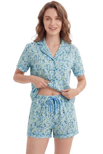 Image of LUBOT 100% Cotton Pajamas for Women 2 Piece PJ Set Poplin Woven Lightweight Ladies Button Short Sleeve Sleepwear S-XXL
